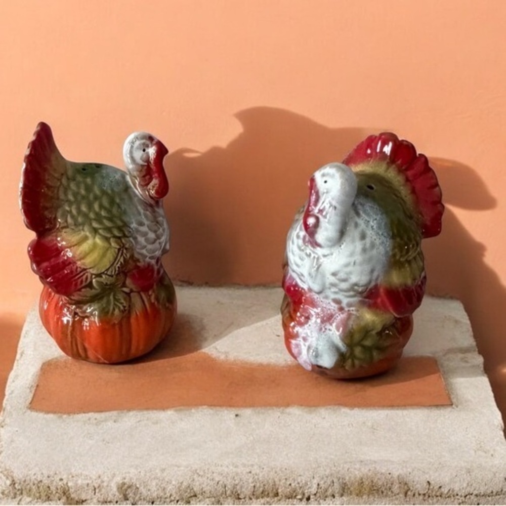 Decorative Ceramic Bird Figurines - Red and White turkey salt paper shakers